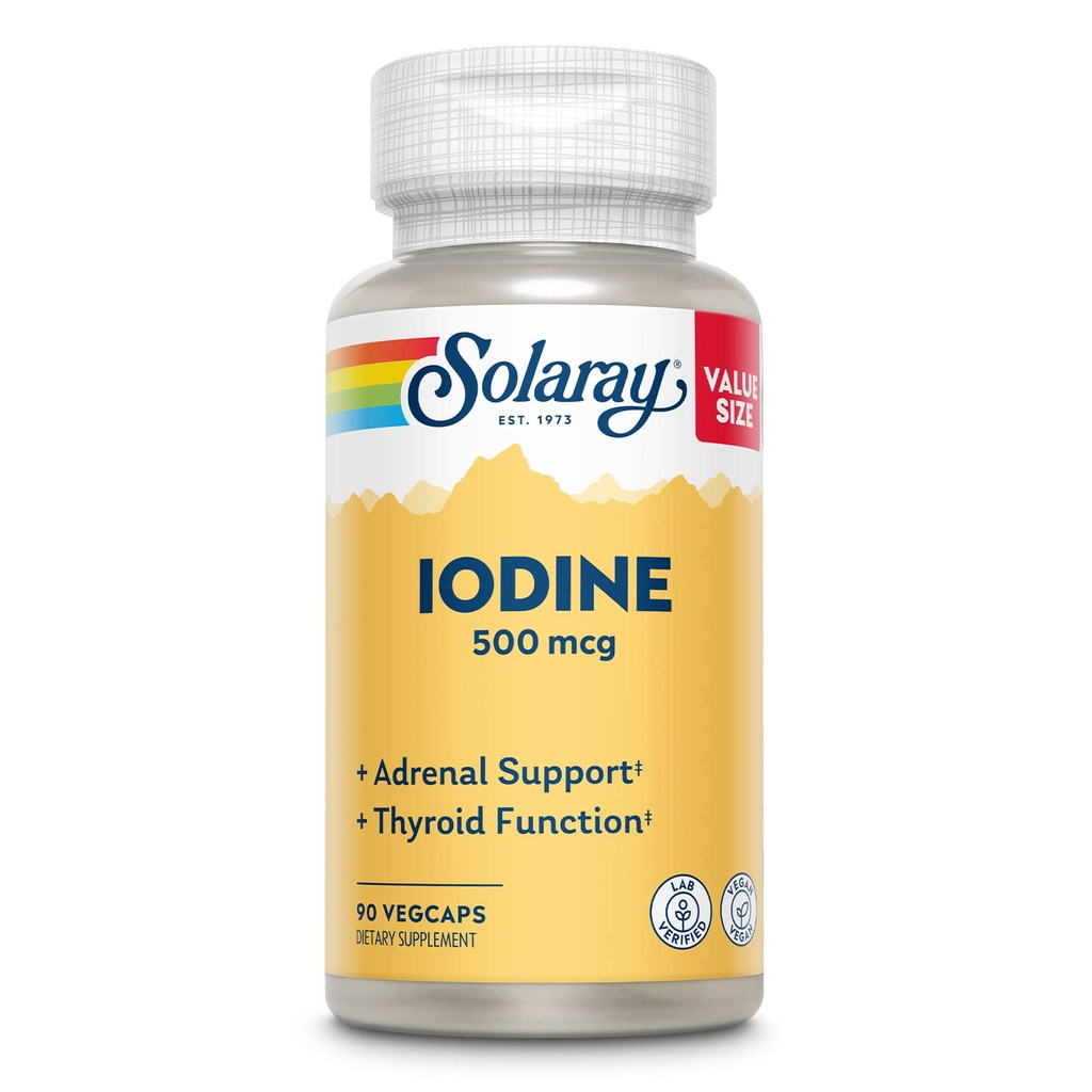 Solaray Iodine 500 mcg, Iodine Supplement for Health Adrenal and Thyroid Support, Energy, Metabolism, and Focus, Pyum Iodide, Vegan, 60 Günlük Para-Back Garanti, 90 Hizmet, 90 VegCaps, 90 VegCaps