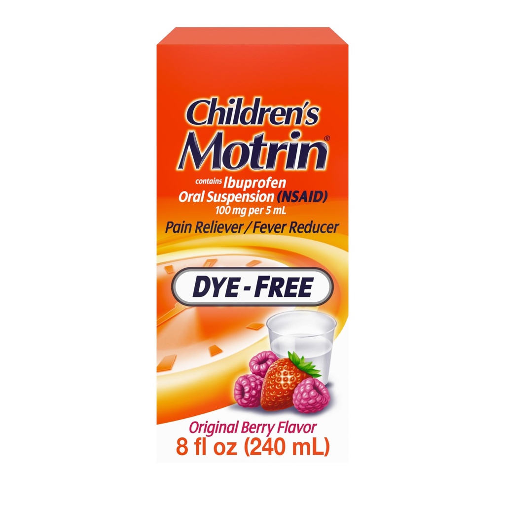 Çocuk Motrin Oral Suspension 100 mg Ibuprofen Tıp, NSAID Ateşi ve Ağrıları Soğuk ve Flu nedeniyle, Dye Free, Alkol-Free, Berry Flavored, 8 fl. ozzz
