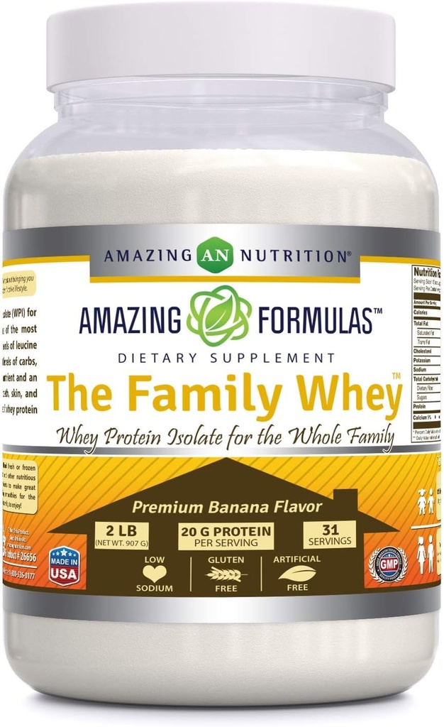 Amazing Formulas The Family Whey Protein (Isolate) Powder for The Whole Family - 2 lbs - Most Complete & Purest Form of Protein - Gluten Free (Banana)