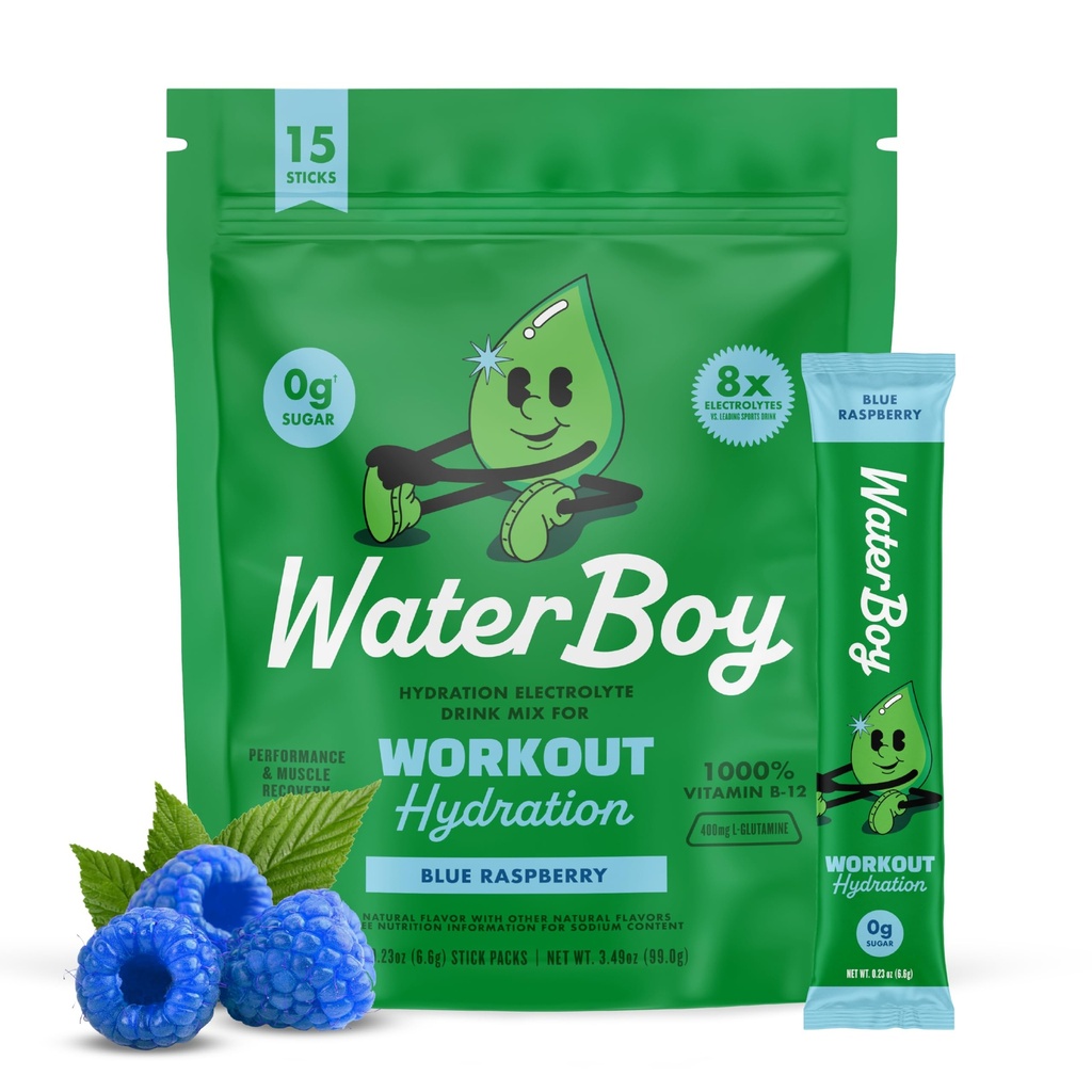 Waterboy Workout Hydration | 2,960mg Sugar Free Electrolyte Toz Paketleri | L-Glutamine + Vitaminler | No Sugar, All Natural, Gluten Free | 15 Irma Mixes (Mavi Raspberry)