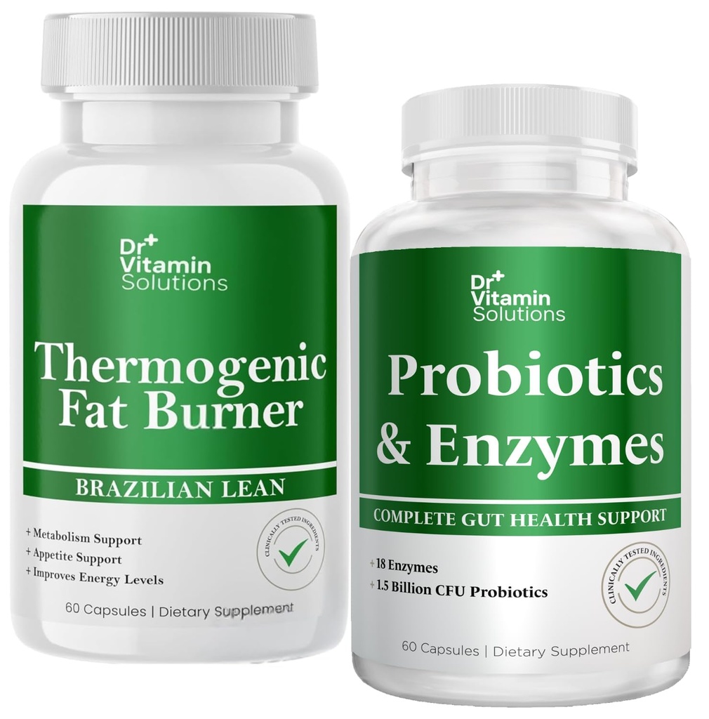 DR VITAMIN SOLUTIONS Thermogenic Fat Burner & Probiotics Digestive Enzymes with Prebiotics for Digestive Health & Bloating Relief for Women & Men - Bundle 90 Caps