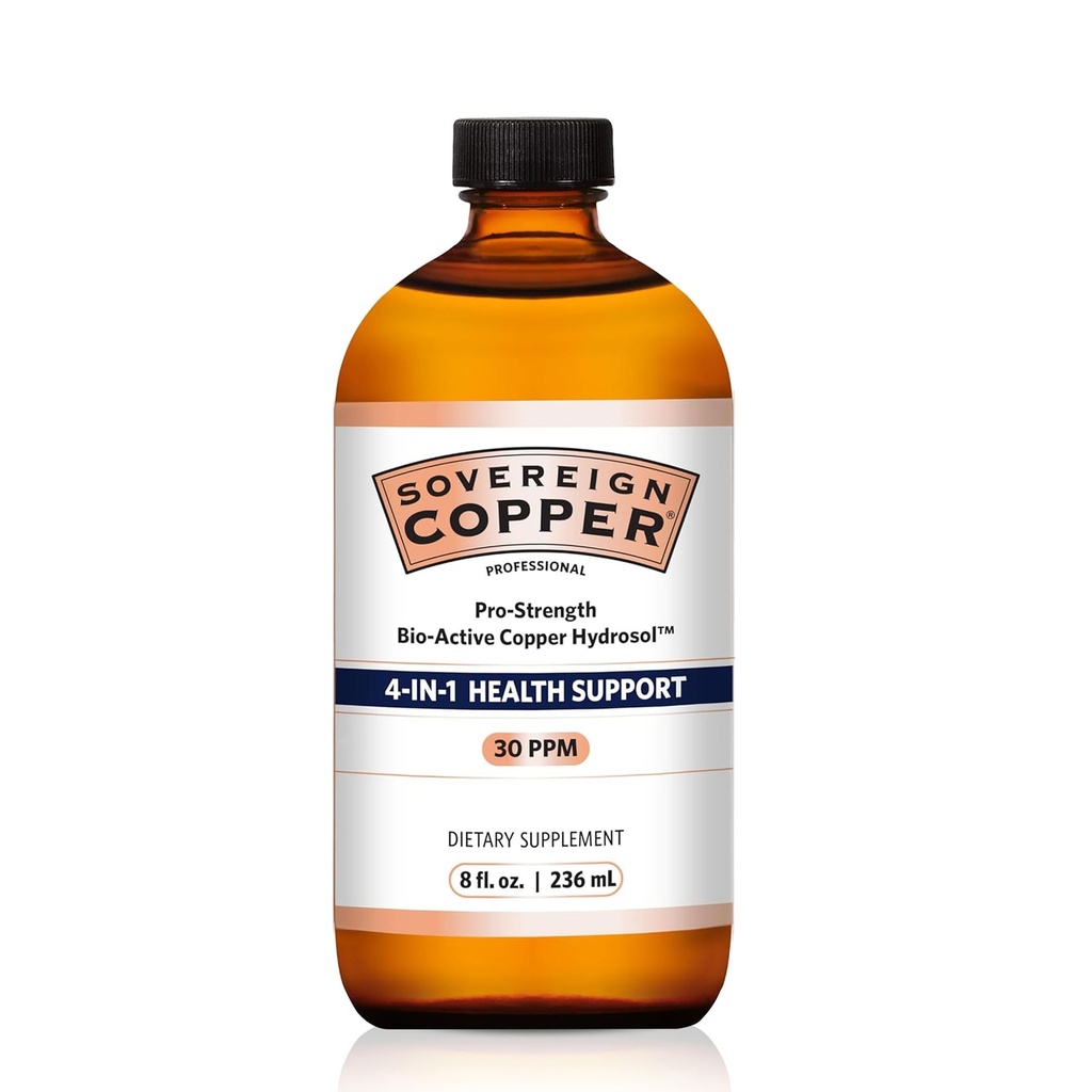 Sovereign Pro-Strength Bio-Active Copper Hydrosol - Bio available Copper Liquid Supplement for Yetişkinler & Kids w/Silver Hydrosol for Hair, Skin, & Nails, 30ppm - 8 fl oz (237mL)