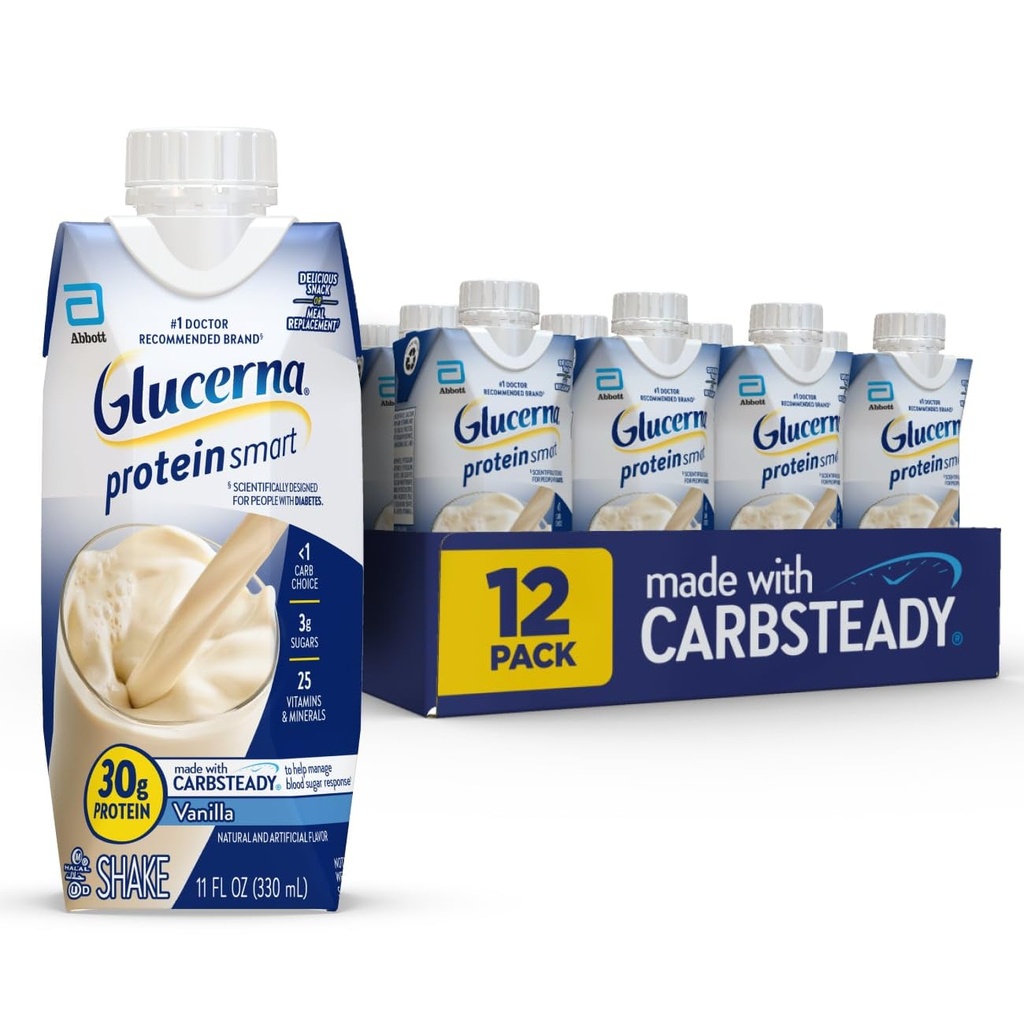 Glucerna protein Smart Diyabet Care Shake, Vanilla, Diabetic Meal Change to Support Blood Sugar Management, 30g Protein, 150 Calories, içmeye hazır, 11-fl-oz Şişe, 12 Pack