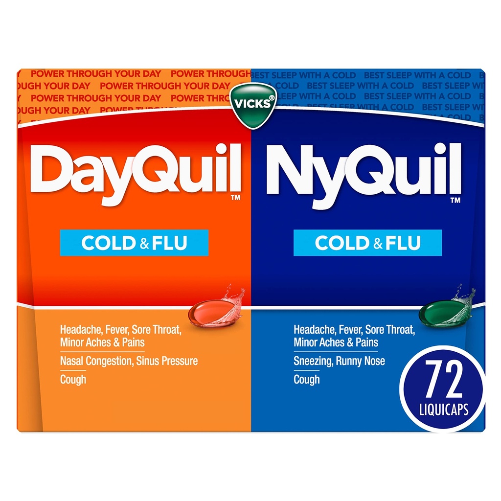 Vicks DayQuil & NyQuil Co-Pack, Cold & Flu Medicine, Güçlü Multi-Symptom Daytime & Nighttime Relief for Headache, Fever, Sore Throat, Minor Aches & Pains, & Cough, 72ct
