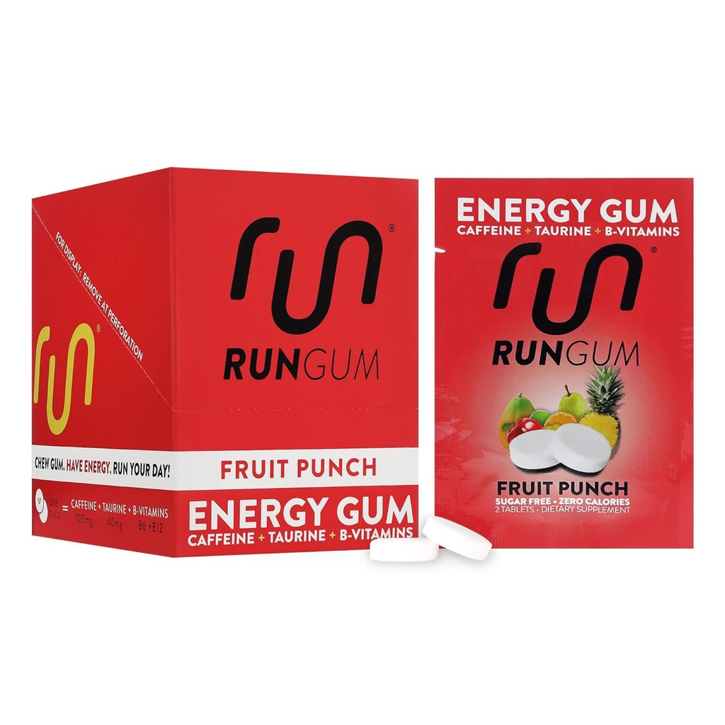 RUN GUM Fruit Punch Energy Chewing Gum 50 mg Caffeine Taurine & B-Vitamins Per Piece, 24 Adet (Pazar 12) Sugar Free, Zero Calorie, No Aspartame, and Gluten Free, 1 eame, and Gluten Free, 1 eame