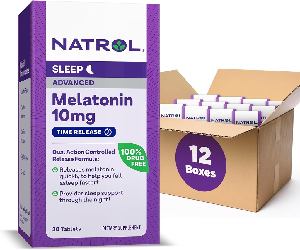 Natrol Gelişmiş Uyku Melatonin 10 mg, Diyetsel Tamamı Restful Sleep için, Time release Melatonin Tabletleri, 30 Time-Release Tabletleri, 30 Day Supply (Pack of 12)