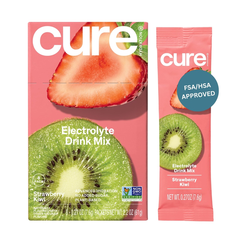Cure Hydration | Plant-Based Electrolyte Drink Mix | Nodrew Sugar | Dehidrasyon Yardımı Banyo Su ile Yapılan | Non-GMO | Vegan | 8 Packets Kutu - Strawberry Kiwiwi