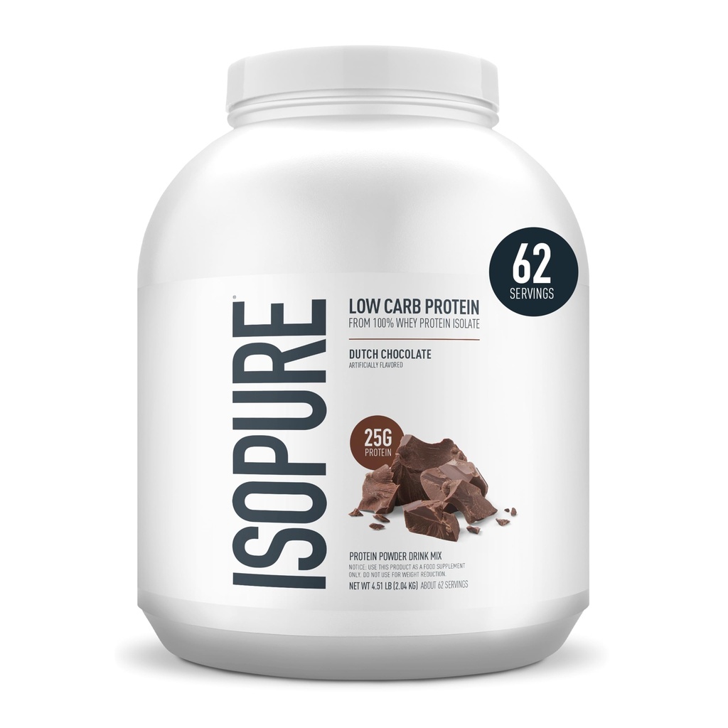Isopure Low Carb 100% Pure Whey Isolate protein Toz, Lactose Free, Gluten Free, With Vitamins, Dutch Chocolate, 25g Protein Per Hizmeti, 4.5 Lbs, 62 Hizmet (Pazarlama May Vary)