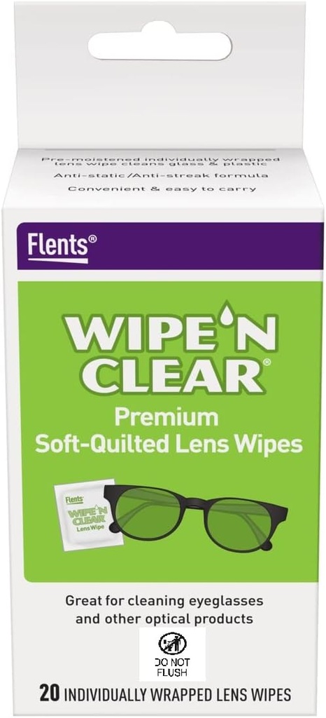 Flents Lens Wipes, Wipe ‘N Clear, 20 Kont, Pre-Moistated, Streak-Free, Safe for Gözlükler, Anti-Fog, Gentle Temizlik, Clear Vision, Bireysel olarak Amerika'da Yapıldı