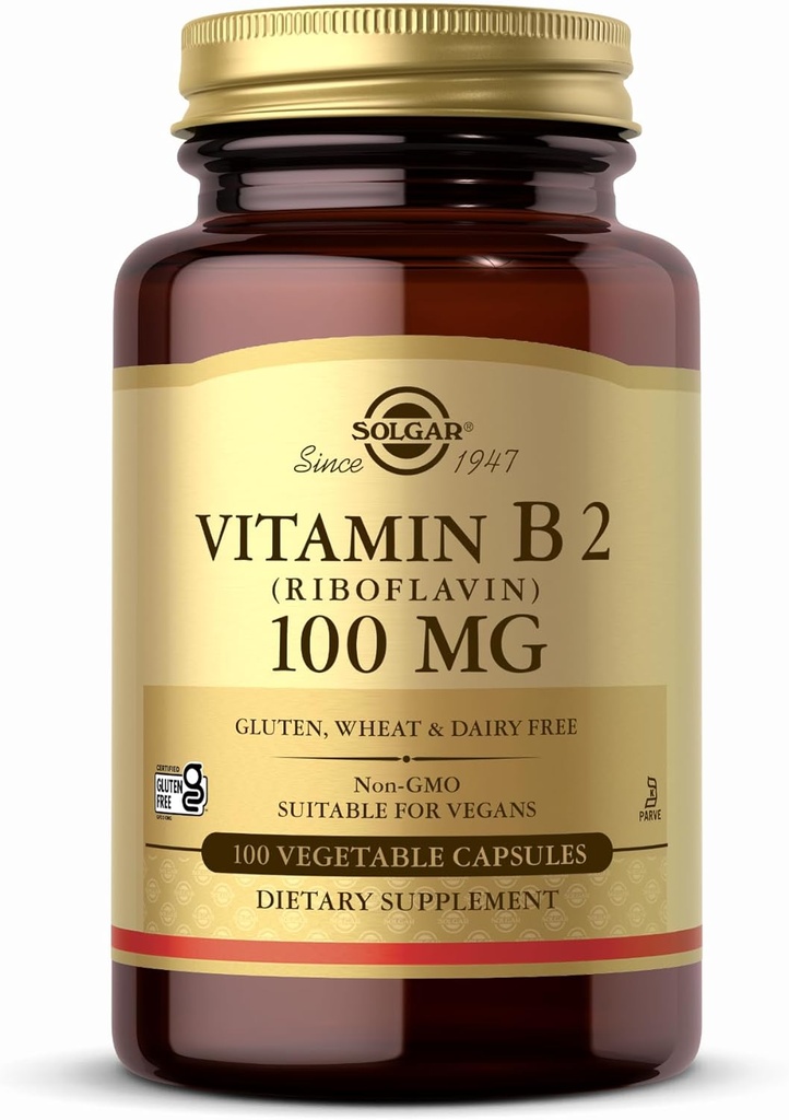 Solgar Vitamin B2 (Riboflavin) 100 mg - 100 Sebze Capsules - Non-GMO, Vegan, Gluten Free, Dairy Free, Kosher - 100 Hizmet