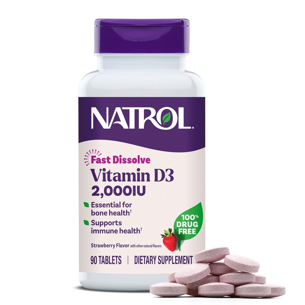 Natrol Hızlı Dissolve Vitamin D3 2,000 IU, Bone and Joint Health, Bone Support Supplement, 90 Tablet, 90 Day Supply Supplement, 90 Tablet, 90 Günlük Supply