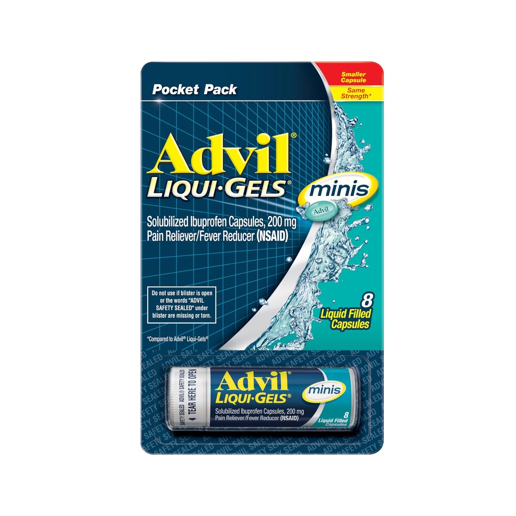 Advil Liqui-Gels minis Pain Reliever ve Ateş Tanımları, Ağrı Yardımı için Ibuprofen 200 mg for Pain Relief - 8 Liquid Filled Capsules