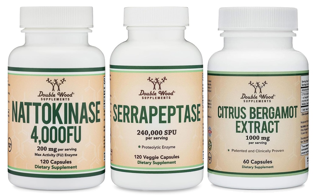 Nattokinase Supplement (120 Capsules), Serrapeptase (120 Capsules), Citrus Bergamot (60 Capsules)