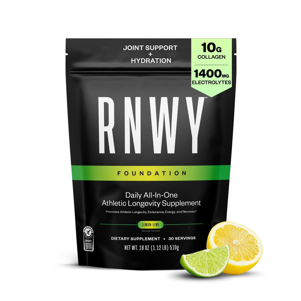 RNWY Foundation Collagen Peptides + Electrolytes Powder, 10g Hydrolyzed Collagen, Multivitamins | Joint & Hydration Support for Endurance Athletes | Sugar-Free, 30 Servings, Lemon Lime