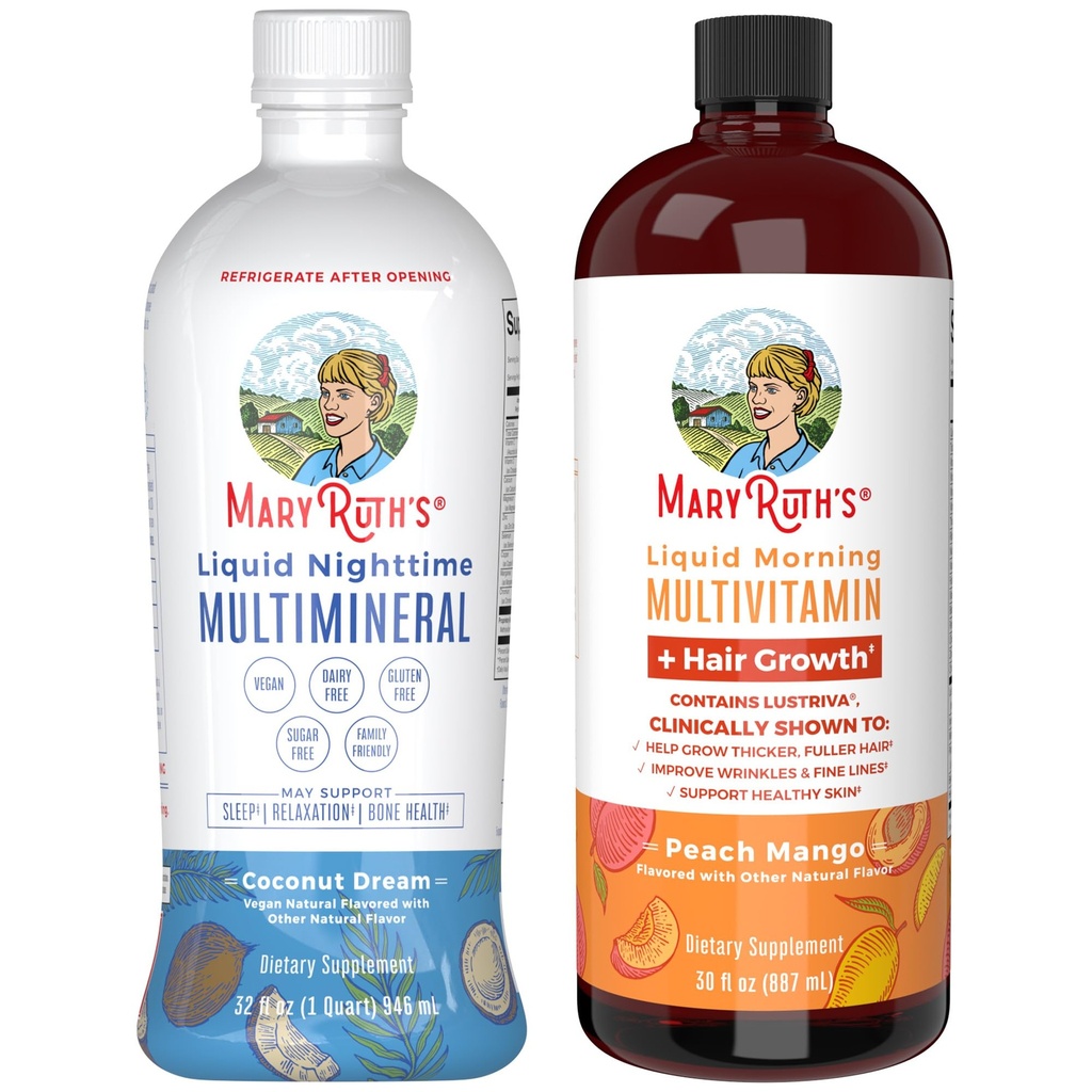 MaryRuth's Nighttime Multimineral (Coconut, 32oz) & Multivitamin Sıvı + Saç Büyüme (Peach, 30oz) | Temiz Etiket Projesi Doğrulanmış® | Bedtime Routine & Beauty | Sugar-Free, Vegan, Gluten-Free