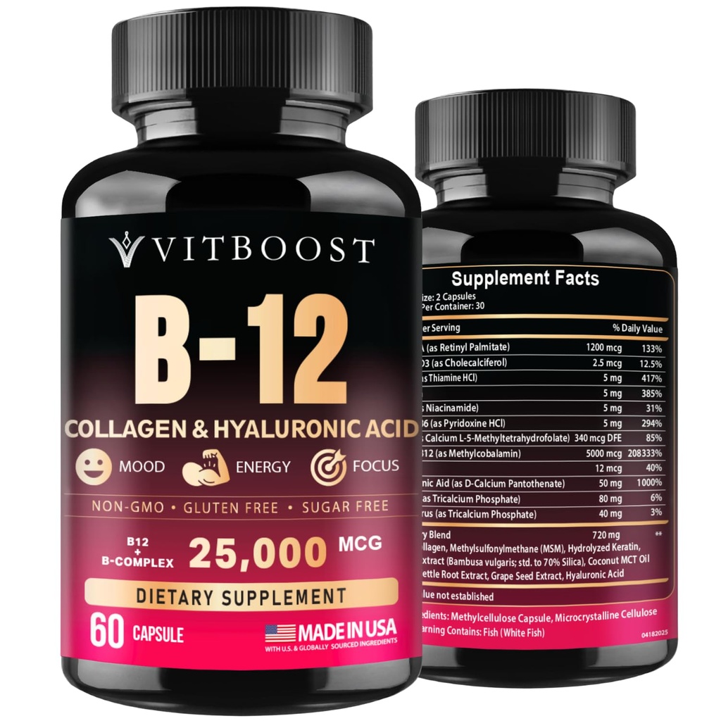 B12, Hyaluronic Acid, Collagen ve Folate – 25000 mcg B12 Kompleksi | Max abs Abors & Energy | Gluten Free USA Made, B1, B2, B3, B6, B7, B12, B12 Vitamini - 60 Capsules