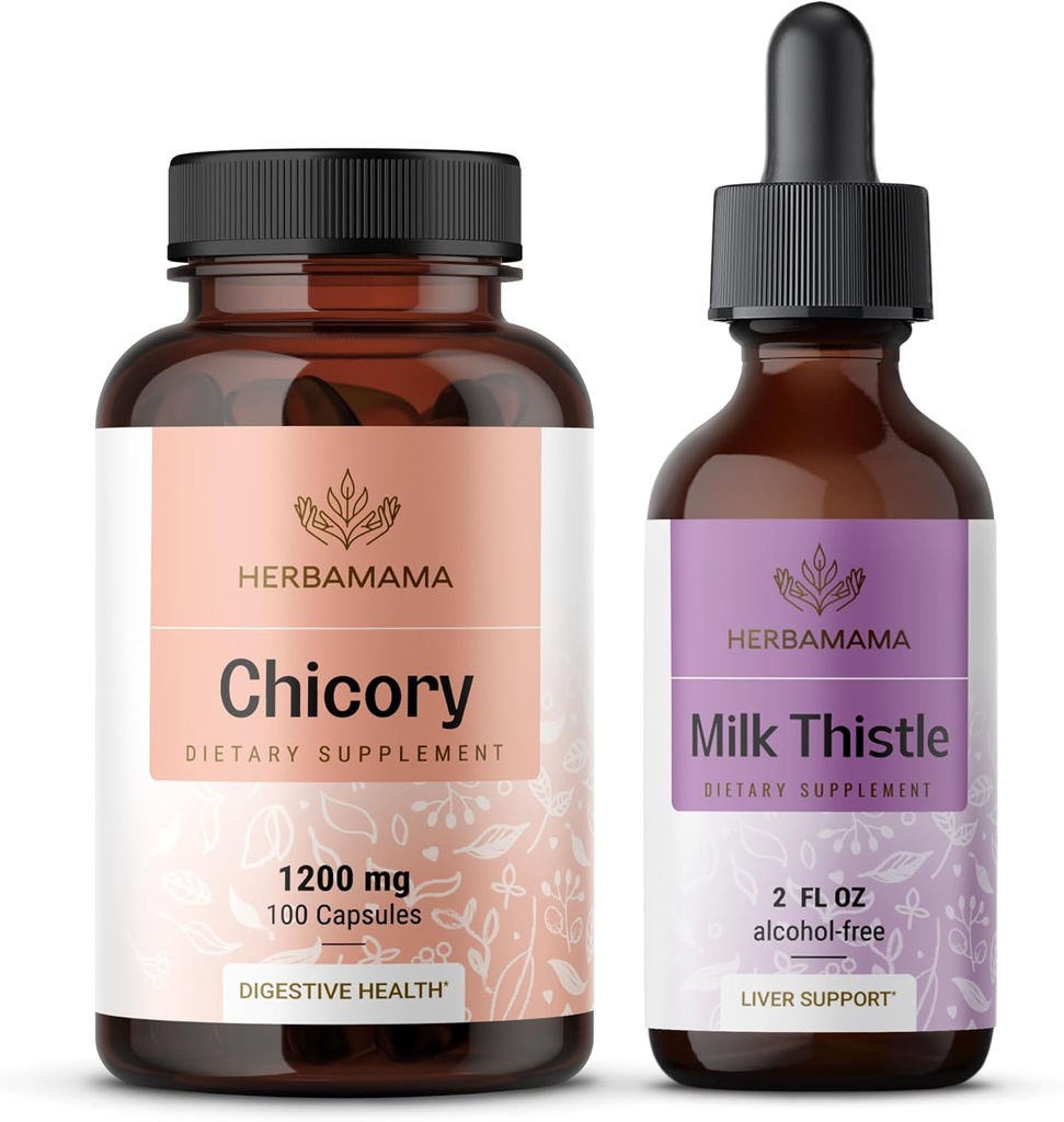 HERBAMAMA Chicory and Milk Thistle Kit - Bundle of 1200 mg Chicory Root Capsules & Milk Thistle Tincture 2 fl oz - Vegan, Non-GMO, Sugar & Alcohol-Free - 2 Pack