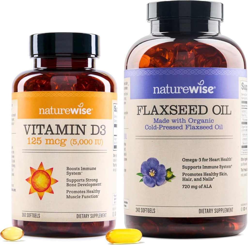 NatureWise Vitamin D3 5000iu (125 mcg) 1 Yıl Sağlıklı Kas Fonksiyonu için Tedarik ve Immune Support Organic Flaxseed Oil Max 720mg ALA | Highest Potency Flax Oil Omega 3