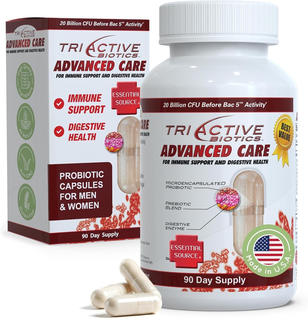 Temel Kaynak TriActive Biotics Gelişmiş Bakım - Digestive Health için 20 Milyar CFU Probiyotikleri, Immune Support Supplement, Microencapsated Probiyotiks for Women & Men, 90 Ct Capsules