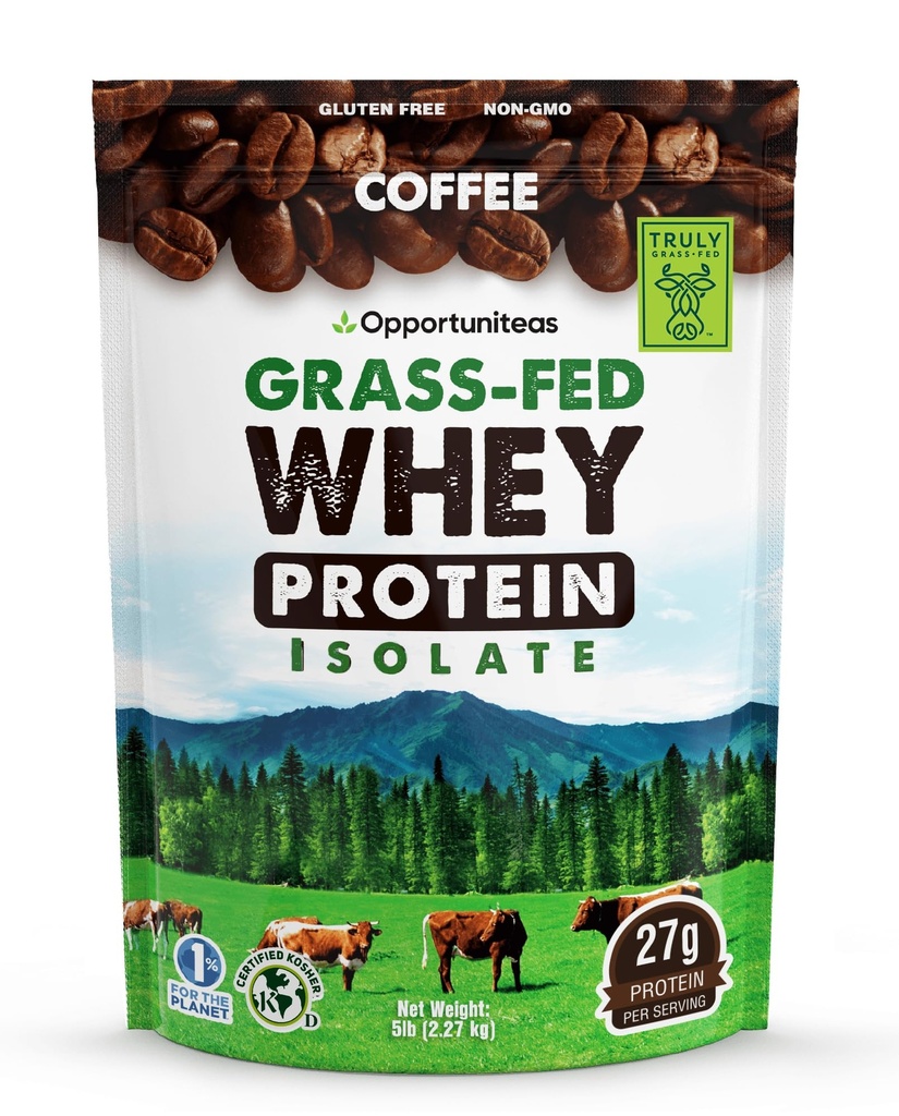 Opportuniteas Grass Fed Coffee Whey Protein Isolate Toz - Yapay Tatlıcılar olmadan 27g Protein Toz, 60 mg Caffeine, Hormon-Free Cows - 5lb