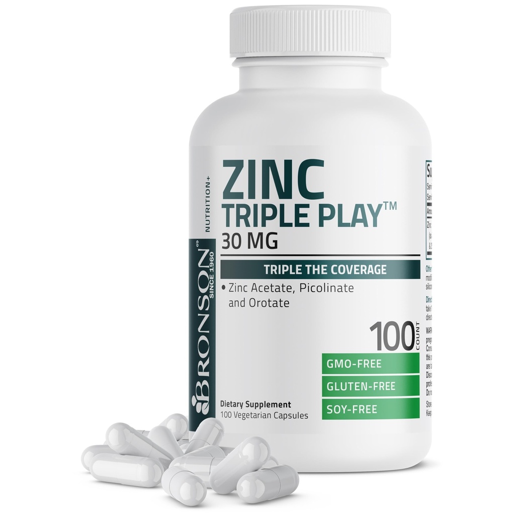 Bronson Zinc Triple Play 30 mg Triple Coverage Immune Support with Zinc Acetate, Picolinate & Orotate - Immune, Antioxidant & Skin Health Support - 100 Vegetarian Capsules