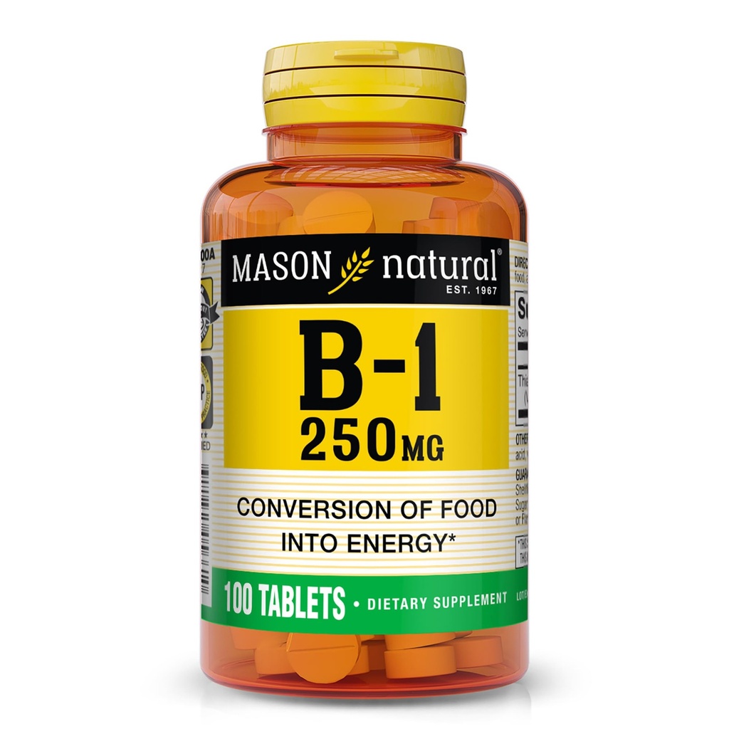 MASON NATURAL Vitamin B,1 Thiamine 250 mg, 100 Day Supply Dietary Supplement, Easy,to,Swallow Tablets, Support Energy Production & Healthy Metabolism