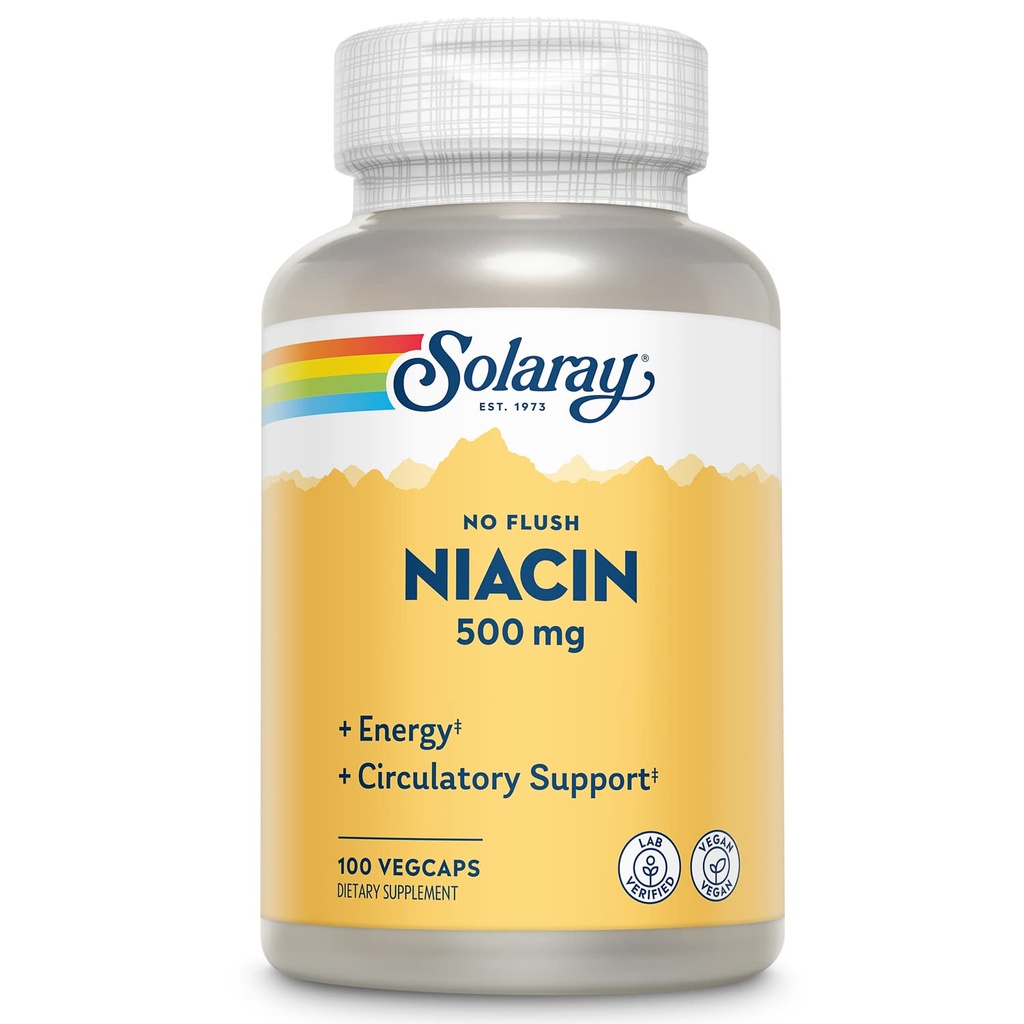 SOLARAY No Flush Niacin 500 mg, Flush-Free Vitamin B3 Niacin, Energy and Circulatory System Support, Vegan, Lab TY, 60 Günlük Para Garanti, 100 Hizmet, 100 VegCaps