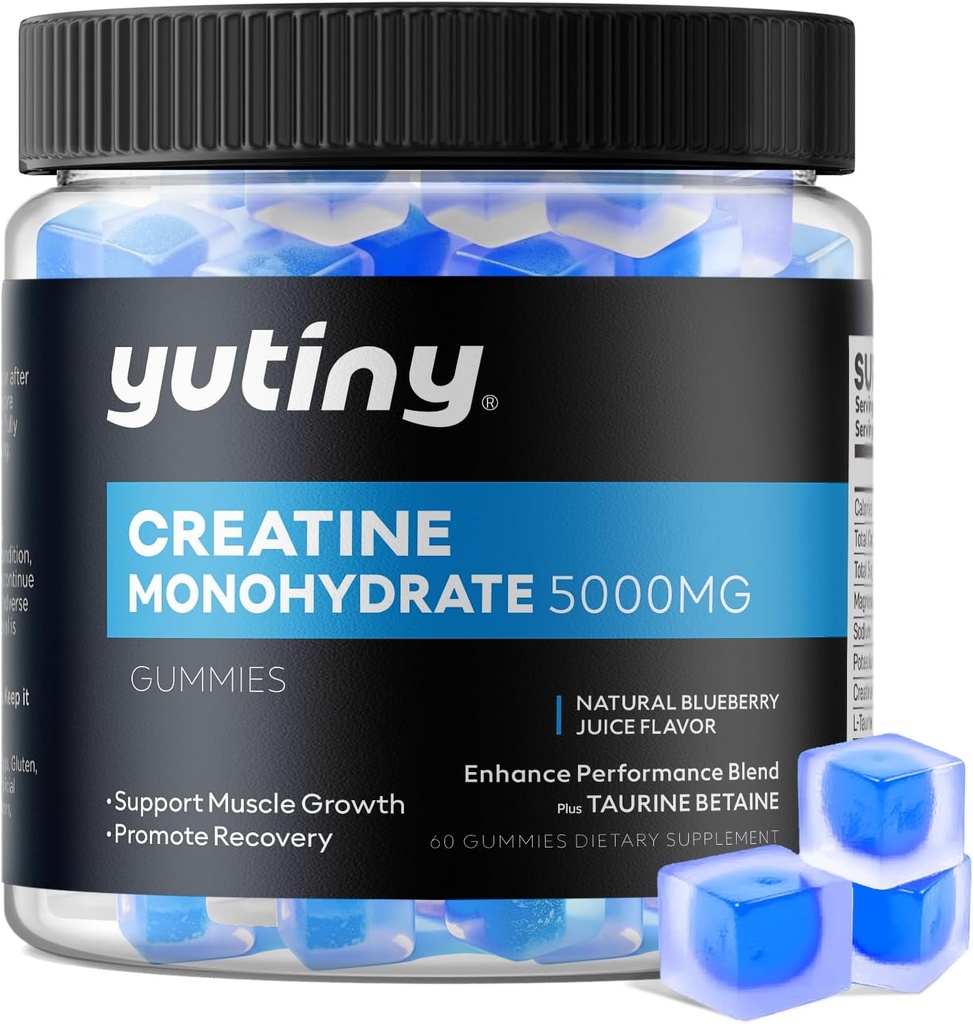 Kretine Monohidrat Gummies, Erkekler ve Kadınlar için Krehidrat Chews, Kas Büyüme için Ekstra Güç, Blueberry Flavor, 60 Chewables, 1 Ay Supply