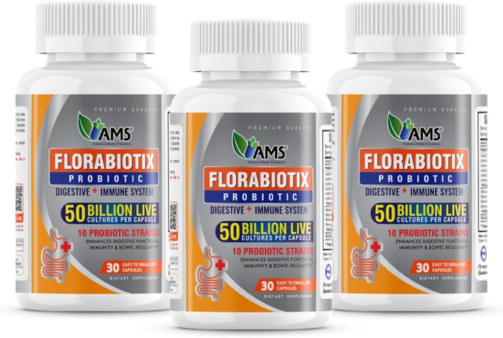 America Medic & Science Florabiotix Probiotic (90 Capsules) | Dietary Supplement for Men and Women| 50 Billion Live Cultures | 10 Probiotic Strains | Supports Digestive and Immune Health (Pack of 3)