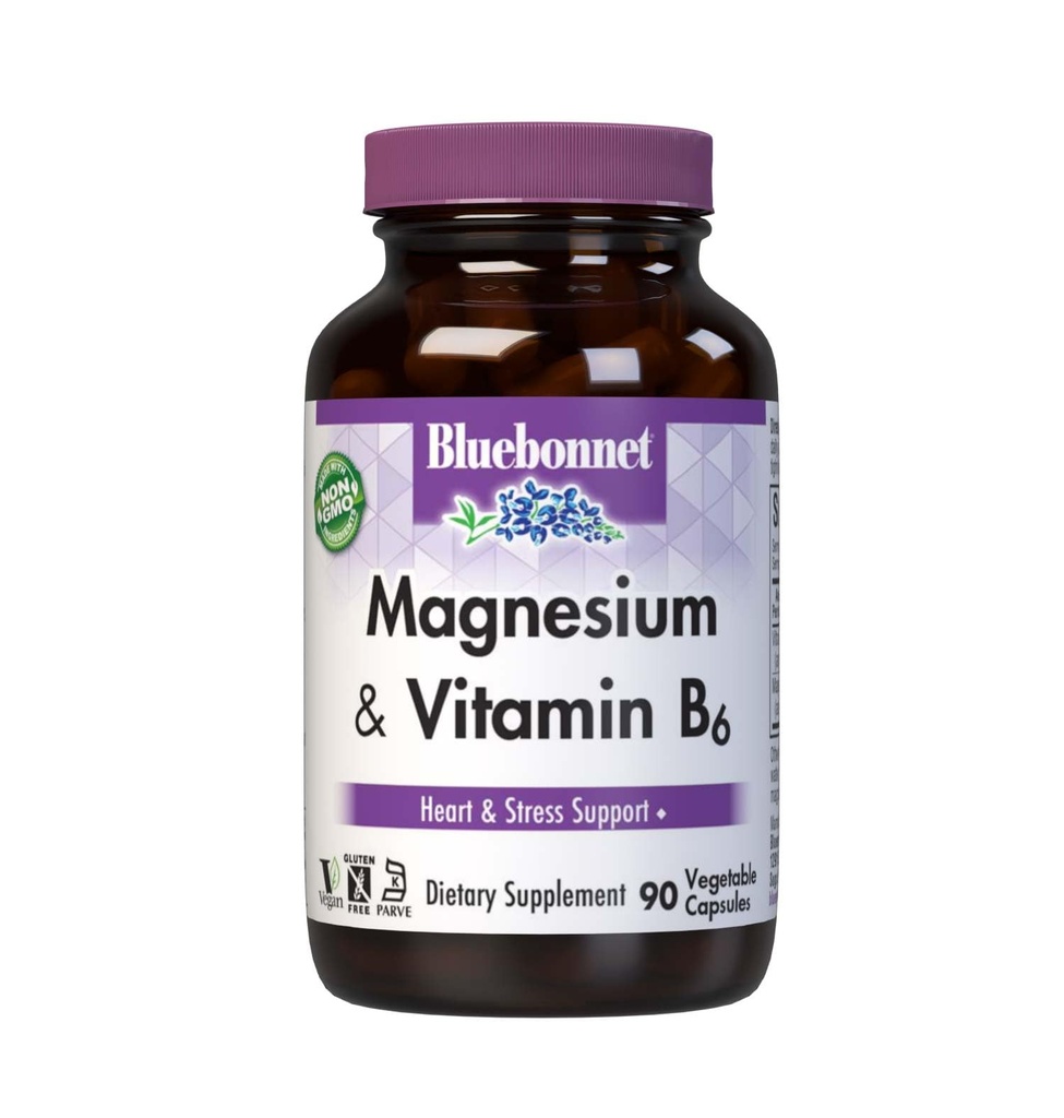 Bluebonnet Nutrition Magnesium & B6 – 400 mg Magnesium Oxide & Aspartate with Vitamin B6 25 mg – Heart & Brain Magnesium Complex for Women & Men* - Non-GMO, Vegan, Gluten-Free - 90 Vegetable Capsules