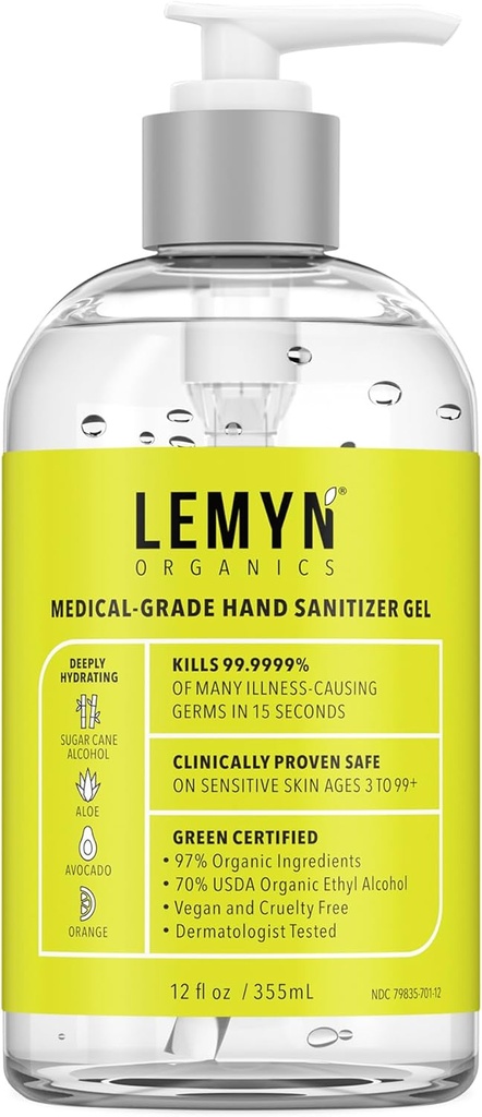 Medical‑Grade Hand Sanitizer Gel – 97 % Organic | 70 % USP Ethyl Alcohol | Moisturizing Aloe + Hyaluronic Acid | Freshly Made in USA | 12oz Bottle with Pump