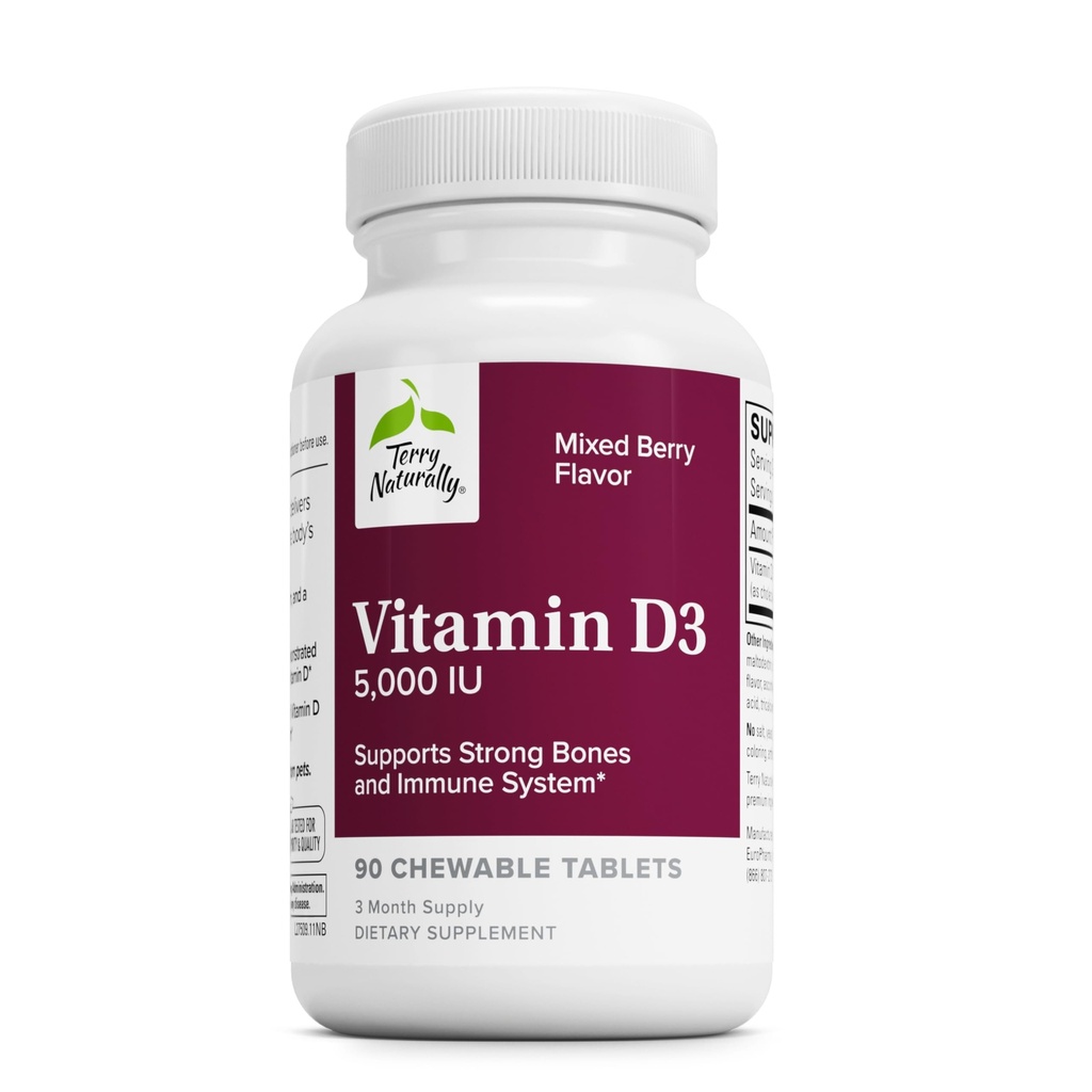 Terry Natural D3 - Bone Health & Bone Strength Supplement - Immune System & Brain Support - 5000 IU Vitamin D Tabletleri Karma Berry Flavor - 90 Chewable Tabletler
