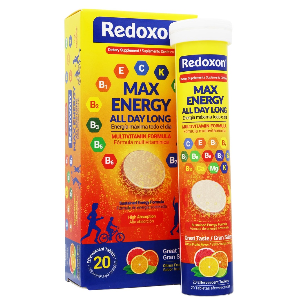 Redoxon Max Energy, Helps Support Inmune System, Citrus Flavor, 20 Effervescent Tablets, 2.82 Oz, Box