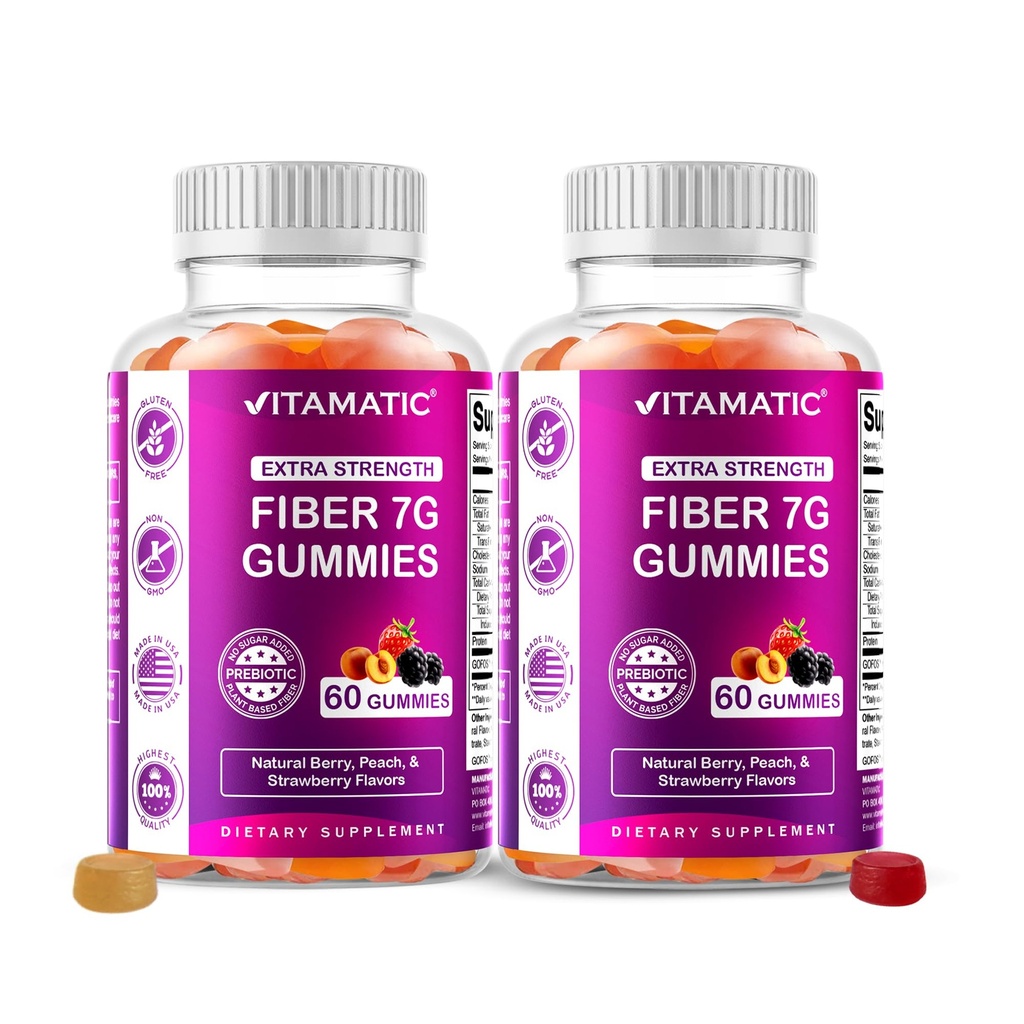 Yetişkinler için Vitamatic Prebiyotik Fiber Gummies - 2 Pack (Toplam 120 Gummies) 7g Fiber Hizmet başına | Ekstra Kuvvet | Zero Sugar eklendi | Pectin-Based | Digestive Health & Regularity Support Support