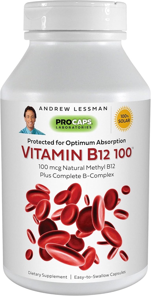 ANDREW LESS VitaminMAN B12 100 180 Capsules - Abhidrasyon- Korumalı Mekobalamin (Doğal Coenzyme Vitamin B12), Enerji ve Stres Desteği için Temel, Plus B-Complex, Swallow Capsules kolay