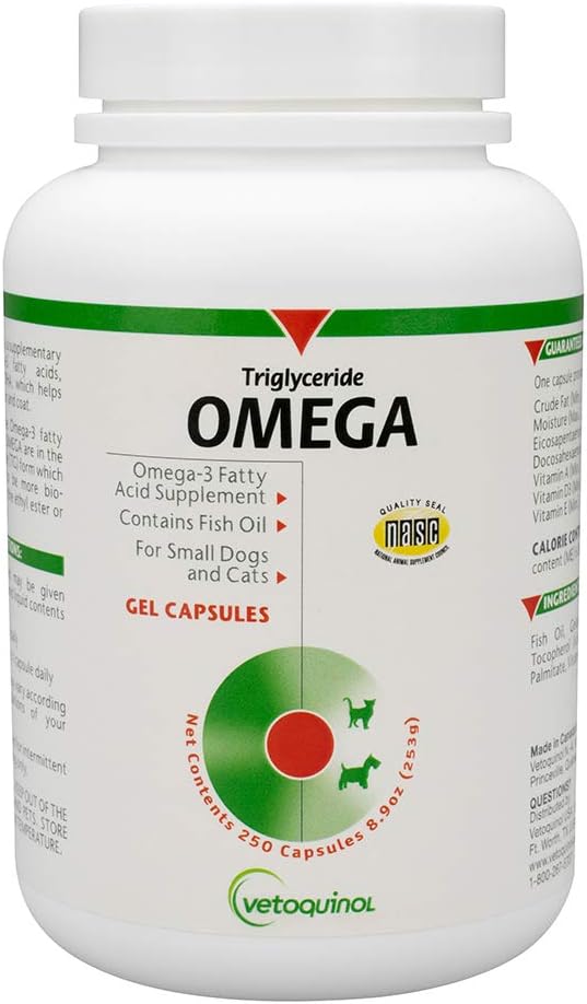 Vetoquinol Triglyceride Omega 3 Supplement for Dogs and Cats, Fish Oil Supplement with EPA and DHA, Supports Skin, Coat, Joint, and Immune Health, Omega 3 Fish Oil for Dogs and Cats up to 30lbs, 250ct