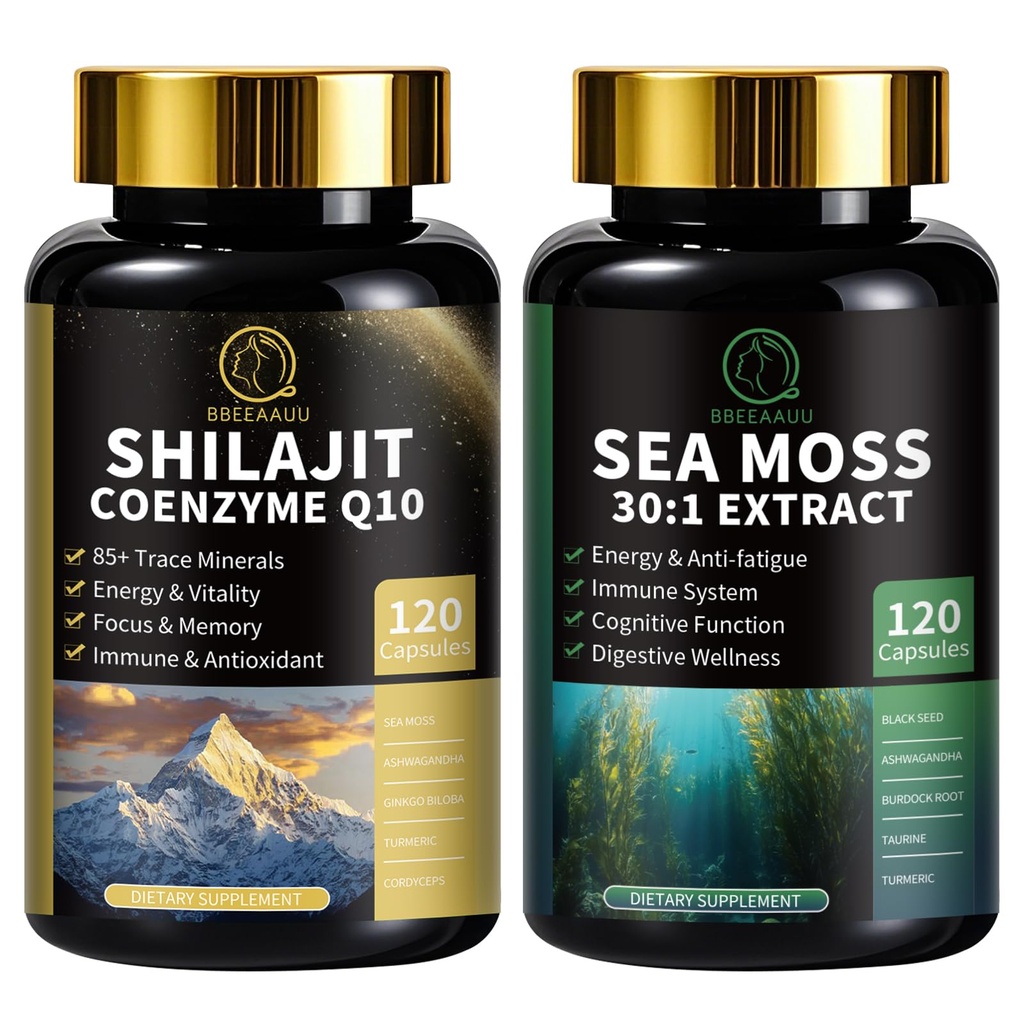 Erkekler için Shilajit, Sea Moss ve Shilajit Sche, All in 1 Supplements with Coenzyme Q10, Black Seed, Ashwagandha, Taurine, Burdock for Energy, Endurance, Antioksi & Immune Support, 240 Capsules