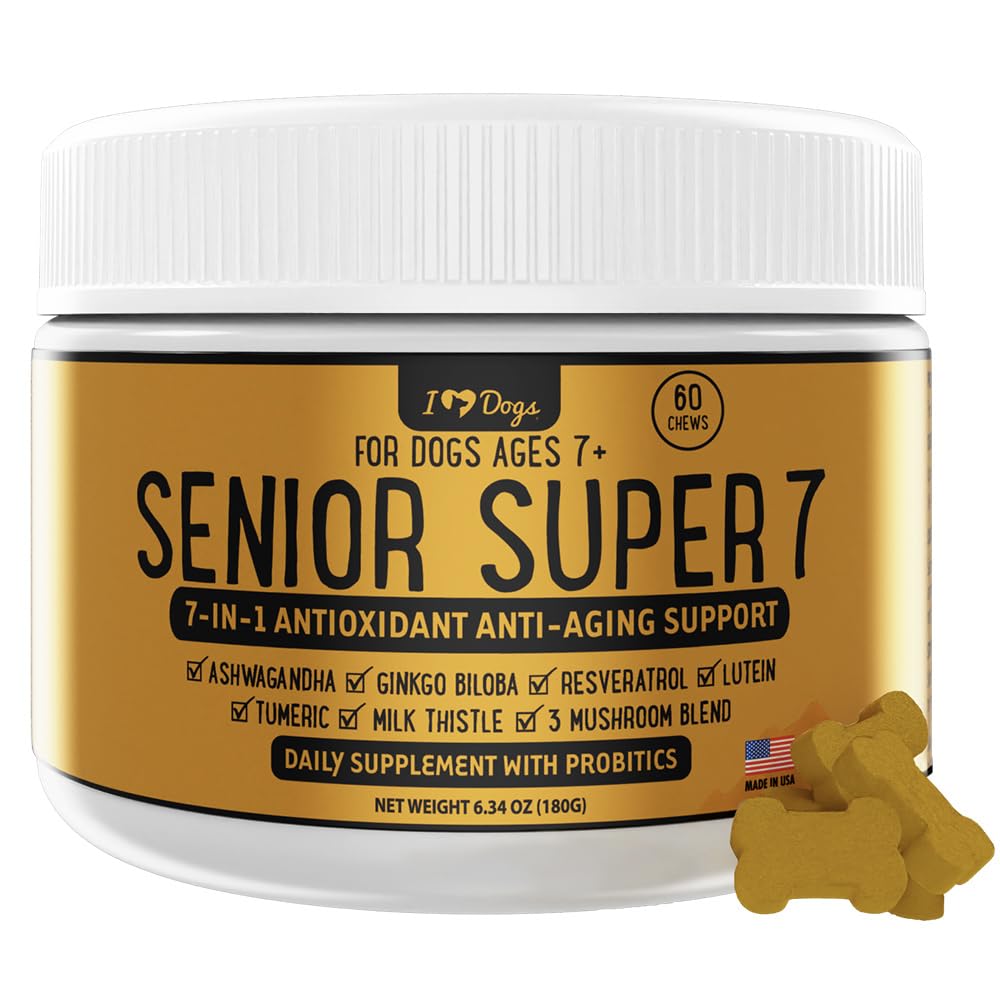 IHeartDogs Senior Super 7 Daily Dog Multivitamin - Köpekler için 7in-1 Vitamini Anti-Aging with Antioksis, Probiyotiks, Lion's Mane, Türkiye Tail, & Ashwagandha for Longevity & Cognitive Boost