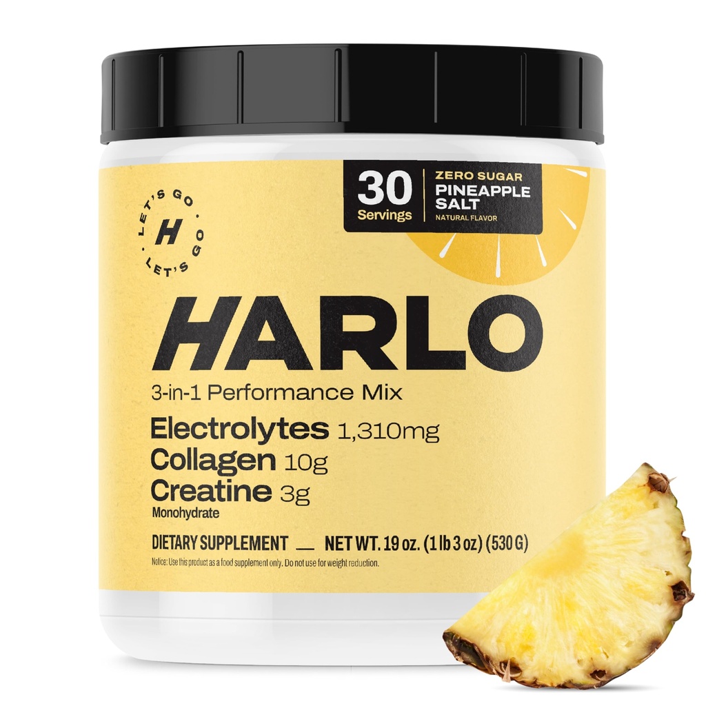 Harlo - Collagen & Kretine Electrolyte Drink Mix – Pineapple Salt Flavor – Hydrating Pre & Post Workout Toz – Supports Skin, Joints & Muscle Recovery – Sugar-Free Energy Boost