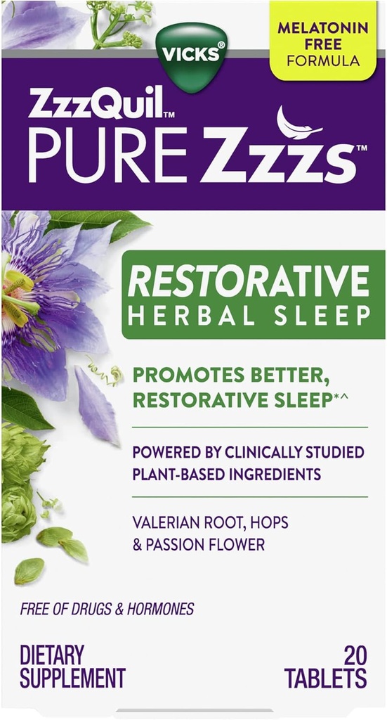 Vicks, ZzzQuil Pure Zzzs Restorative Herbal Sleep Aid Tabletleri, 20 Kont