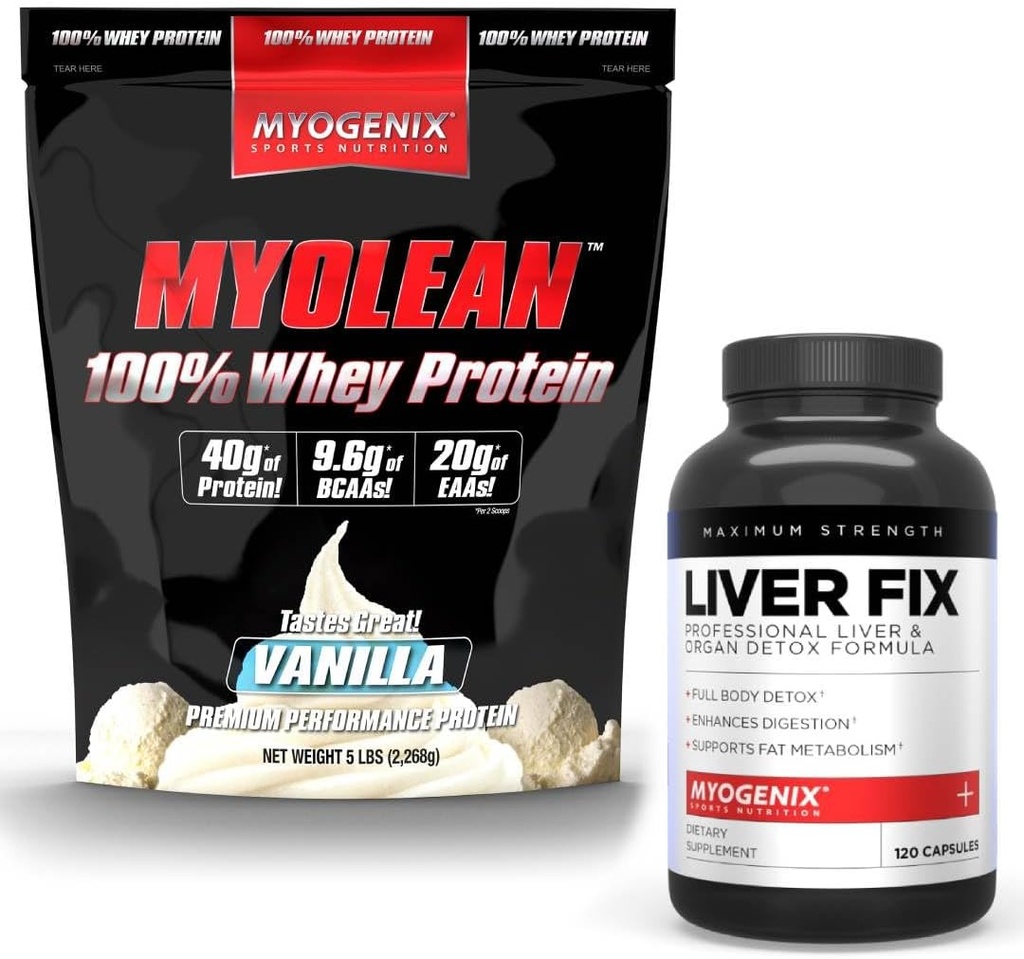 Myogenix Liver Support Supplement & Myolean Vanilla Whey Protein – Gelişmiş Liver Health & Muscle Recovery 40g High-Protein Whey – Destek Detox, Büyüme ve Performans