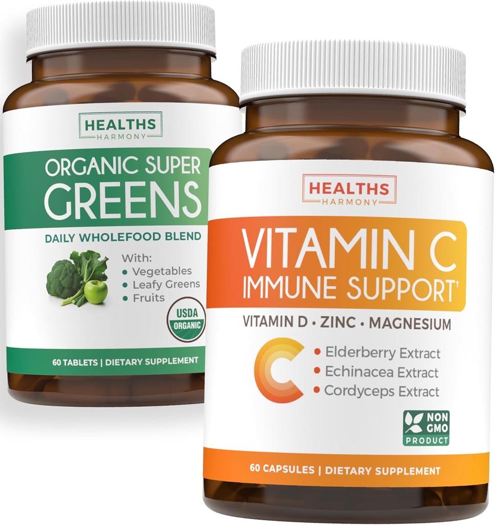 Super Greens & Vitamin C (1-Month Supply) Greens & C Synergy Sche of Organic Super Greens Toz - Tamam Superfood (60 Capsules) & & C Immune Support (60 Vegetarian Caps) (Non-GMO)
