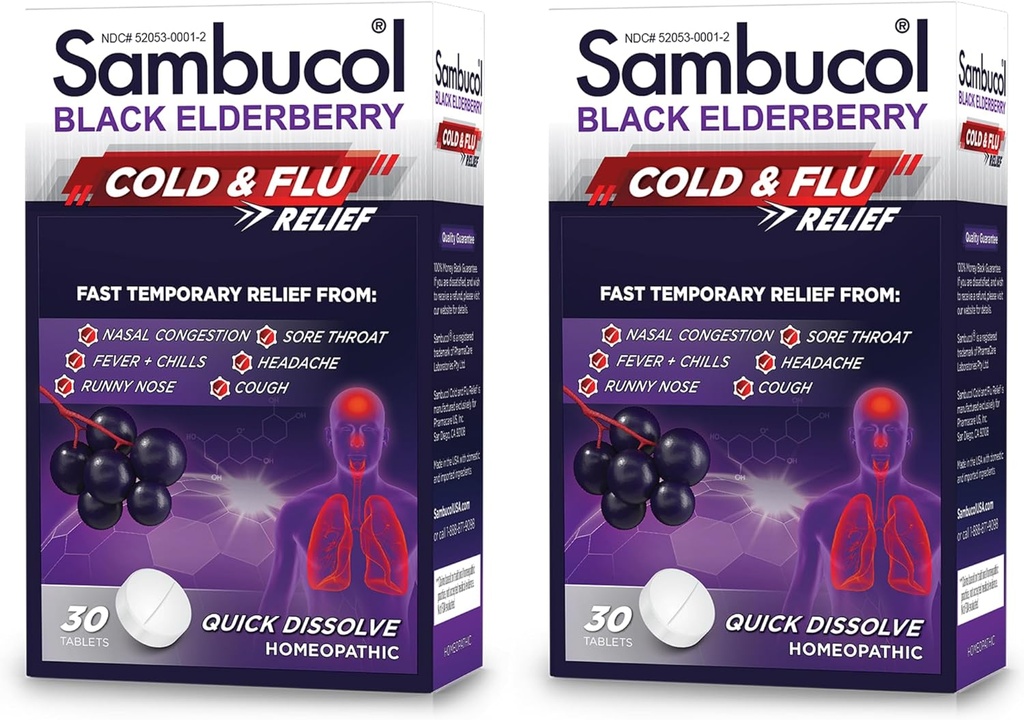 Sambucol Cold ve Flu Relief Tabletleri - Homeopathic Cold Medicine, Nasal & Sinus Congestion Relief, Runny Nose, Coughing, Cold Remedy for Yetişkinler - Black Elder, 30 Count, 2Pack