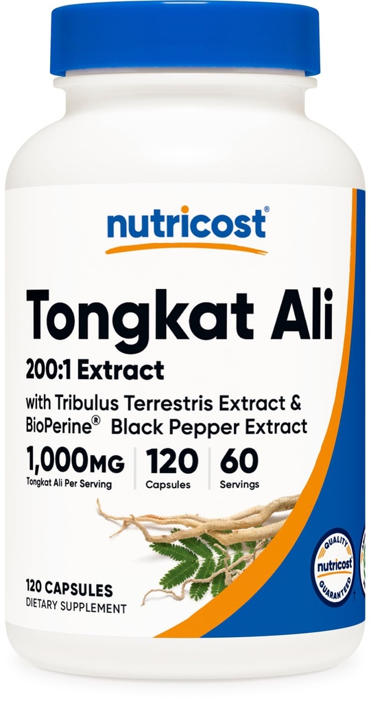Nutricost Tongkat Ali 1.000 mg 120 Capsules - Tribulus Terrestris ve BioPerine, Vejetaryen Caps, Non-GMO, Gluten Free, Potent Ekstraksiyon