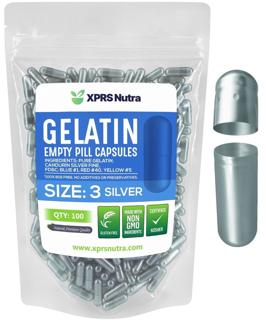 XPRS Nutra Size 3 Empty Capsules - 100 Count Empty Gelatin Capsules - Pills DIY Capsule Filling - Pure Bovine Pill Gel Caps for Do-It-Yourself Supplements (Silver)