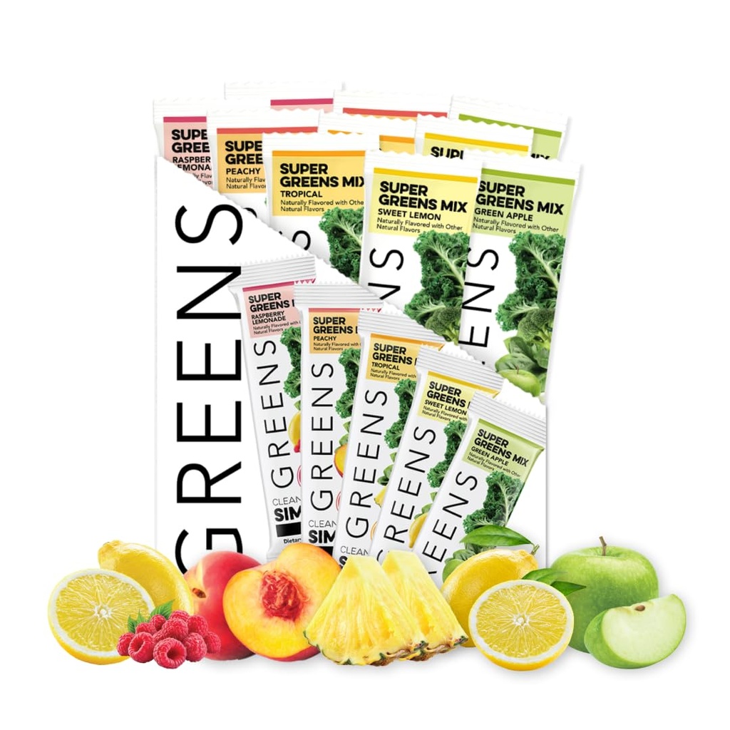Basit Yemek Yeşiller Çeşitli 10 Paket, Yeşiller Toz Mix, Superfoods Chlorella & Spirulina ile paketlendi, 5 Delicious Flavors: Peachy, Green Apple, Raspberry Lemonade, Sweet Lemon & Tropikal