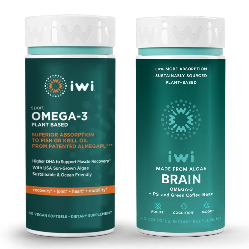 iwi Omega-3 Sport & Brain Omega-3 Sche, 30 Hizmet, Vegan Plant-Based Algae Omega 3 with EPA + DHA, Krill & Fish Oil Alternative, No Fishy Aftertaste