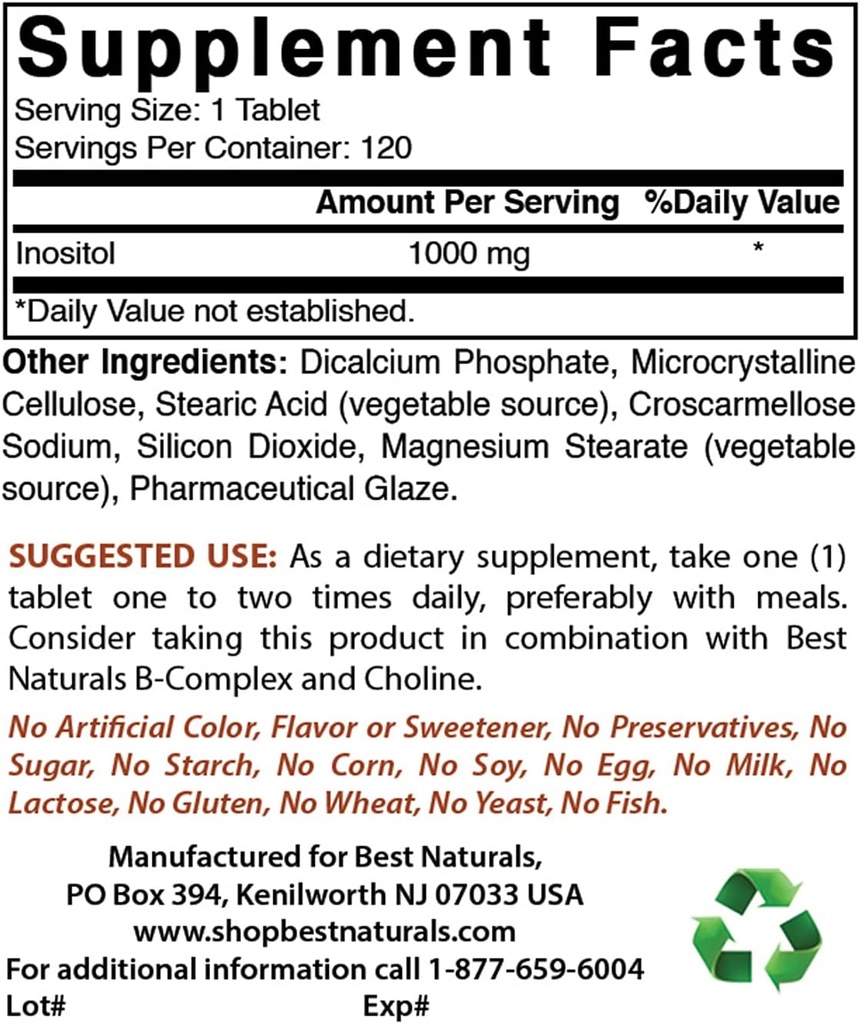 Best Naturals Inositol 1000mg & L-Theanine 200mg