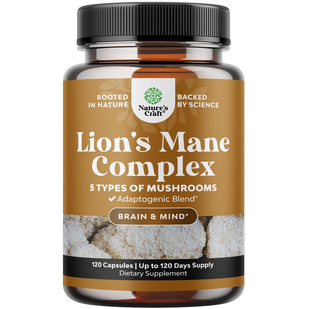 Gelişmiş Aslan'ın Mane Mushroom Supplement - Lions Mane Supplement Capsules with Reishi, Chaga, Maitake & Shiitake for Brain Health Memory Support & Focus - Nootropic for mental Clarity - 120 Caps