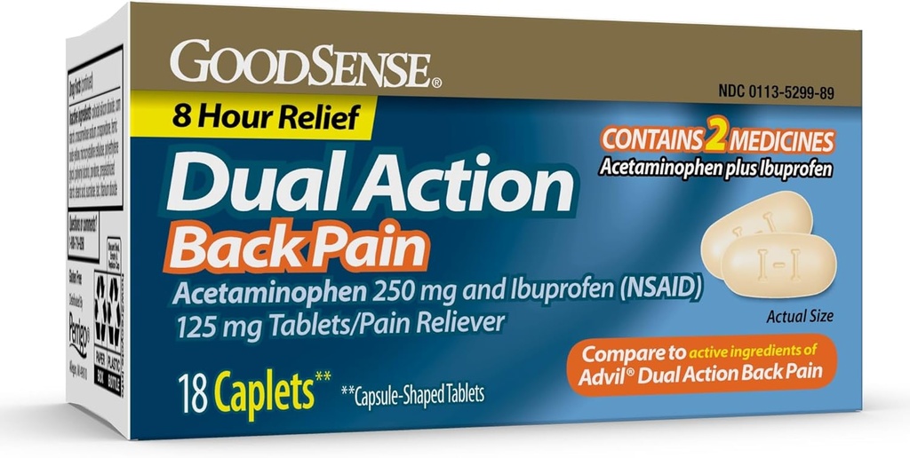 GoodSense Dual Action Acetaminophen ve Ibuprofen (NSAID) Tabletler, 250 mg/125 mg, Back Pain, 18 Count